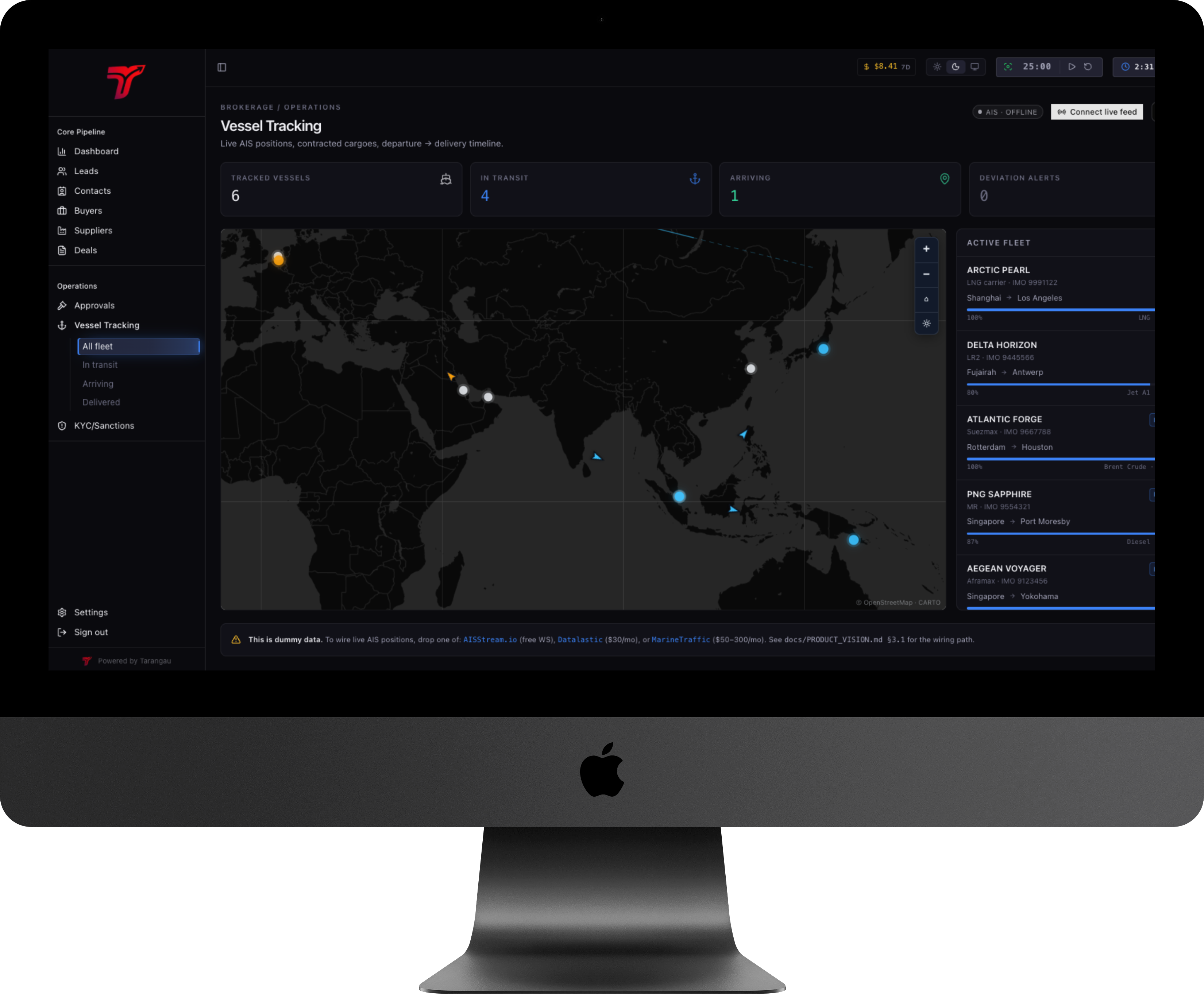 Eyrie live vessel-tracking dashboard running on an iMac